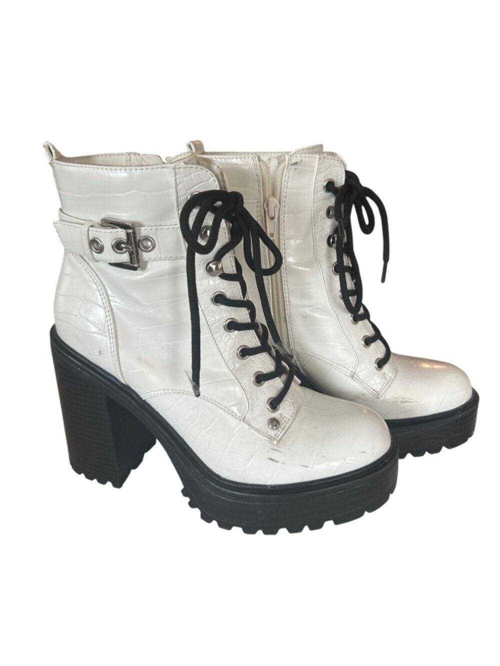 CBG White Women's 7M Croc Embossed Block Heel Platform Booties Lace Up Combat